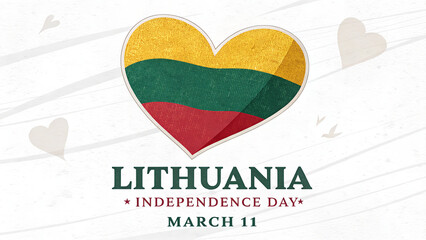 A heartfelt Lithuanian Independence Day celebration, a textured flag in a loving heart shape against a soft, wood-grain background.