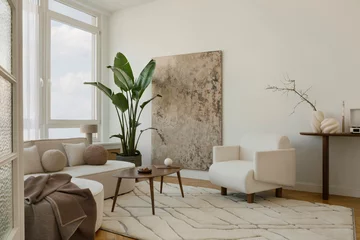 Fotobehang Hotel chique Bright modern space with lush indoor plant and soft neutral furnishings...  © FollowTheFlow