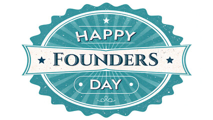 A cheerful teal and cream vintage badge wishing a Happy Founders Day with a distressed texture and radiating sunburst design.