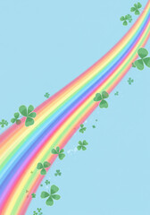 A cheerful rainbow arches across a blue sky, scattered with lucky green shamrocks.
