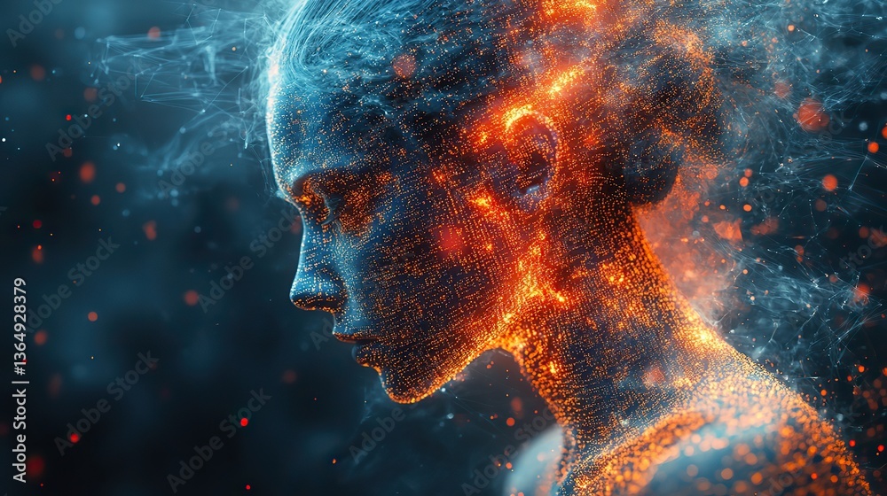 Poster a programmer's head explodes into digital fragments, representing burnout and stress.