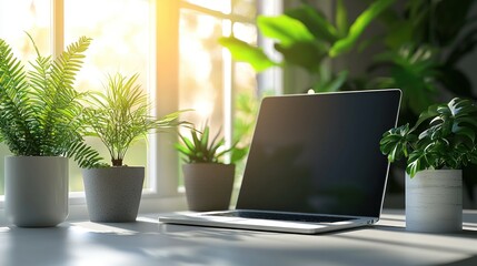 Laptop on a desk with plants and sunlight