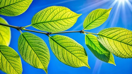 Green leaves on blue sky