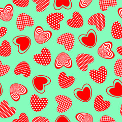 Seamless pattern with red hearts on green background. Design for fashion, fabric, textile, packaging paper, gift paper. Valentines day concept.