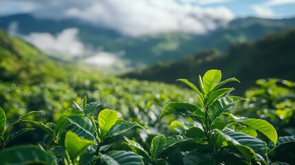 Obraz premium Ripe Coffee Cherries on Lush Green Coffee Plantations in Scenic Mountain Landscape