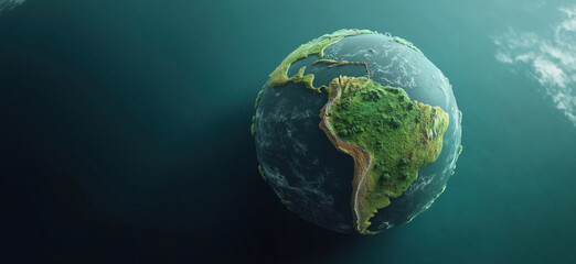 Fototapeta premium 3D Earth Model with Emphasis on South America, Lush Greenery, Oceanic Background, Realistic Textures, Global Perspective, copy space for text