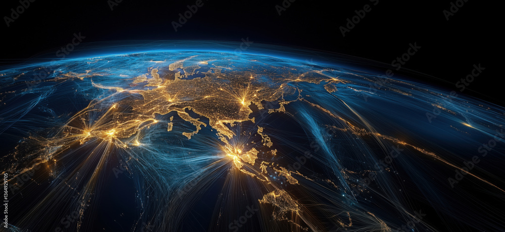 Poster global connectivity visualization: illuminated network of asia and europe with dynamic light trails 