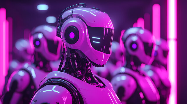 Futuristic robots with sleek designs and vibrant pink lighting create a captivating, tech-inspired atmosphere.
