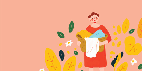 Fototapeta premium A woman carrying a basket of freshly washed laundry with a backdrop of decorative elements creates a comforting and homely scene. 
