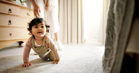 Child development, crawling and learning with baby on floor of bedroom for motor skills in home....