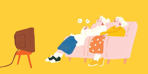Two elderly ladies sitting side by side on a sofa, immersed in a television program in a cozy and charming setting.