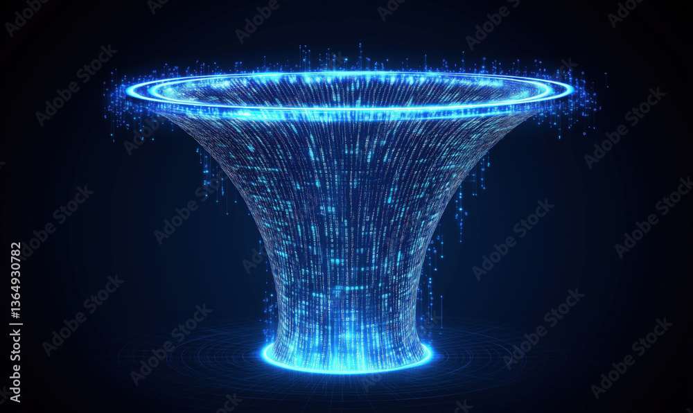 Poster Digital vortex with glowing blue particles and binary code, representing data flow and technology concepts