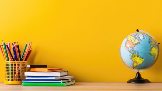 Colorful school supplies including books, pencils, and a globe arranged neatly on a bright background that inspires learning and creativity