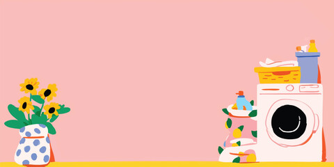 Obraz premium An illustrated cozy and orderly laundry space, featuring a washing machine, cheerful sunflowers, and essential laundry supplies against a gentle pink backdrop.