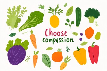 Fototapeta premium Colorful Illustrated Vegetables with Choose Compassion Vegan Message for Plant-Based Healthy Lifestyle