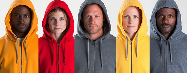 A mockup featuring a variety of individuals wearing blank hoodies demonstrates the adaptability of the clothing. Concept: Fashion, Clothing, Diversity, Modeling, Blank Hoodies