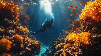 A scuba diver explores a colorful coral reef illuminated by sunbeams, creating a mesmerizing underwater scene filled with marine life and tranquility.