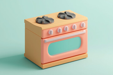 Fototapeta premium A stylized 3D pastel oven with stove burners and smooth edges displayed in a minimal scene. A whimsical diorama evoking home cooking, nostalgia, and cozy kitchen design. 