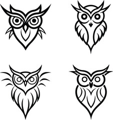 Black And White Tribal Owl Set Flat Design On White Background
