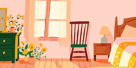 Fototapeta premium A sun-drenched interior scene featuring a serene bedroom bathed in the soft, warm glow of morning light. A room full of peaceful atmosphere and a comfortable vibe.