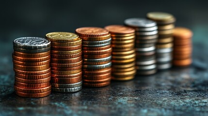 Close up coin stacks symbolize finance money savings wealth investment growth banking economy.