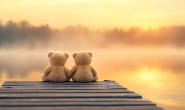 a couple of fluffy teddy bears sitting on the wooden pier over lake in sunset light