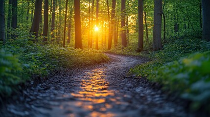 Obraz premium A serene and inviting atmosphere in springtime appears as sunlight filters through the trees, illuminating a winding dirt path meandering through a lush green forest.