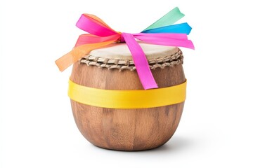 Fototapeta premium Traditional Punjabi Dhol Drum with Colorful Ribbons Isolated on White for Festive Celebration