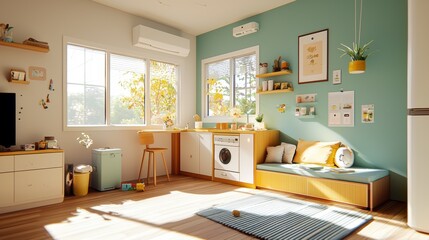 Cozy minimalist living room design urban apartment interior photography bright environment natural light contemporary style