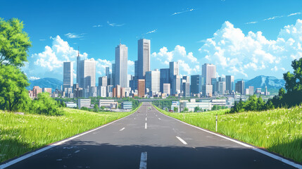 Fototapeta premium Road to city with skyscrapers, office buildings and houses. Vector cartoon urban landscape with empty suburban highway, green grass and modern town on skyline. Summer cityscape
