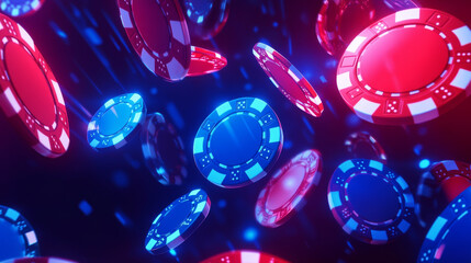 Realistic set of casino chips and ace cards isolated on blue background. Vector illustration of neon color gambling items turning around. Online betting app design elements. Animation spread sheet