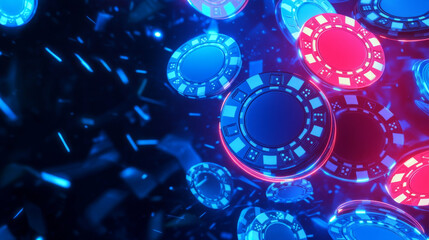 Realistic set of casino chips and ace cards isolated on blue background. Vector illustration of neon color gambling items turning around. Online betting app design elements. Animation spread sheet