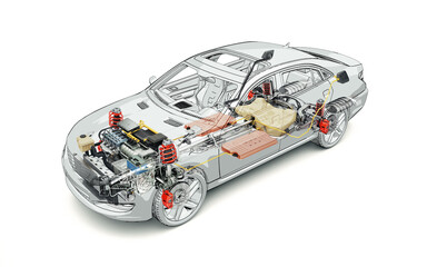 Hybrid Vehicle system cutaway illustration.