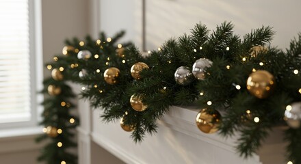 Festive Christmas Mantle Decor Gold Silver Ornaments Garland and Warm Lights