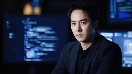 A cybersecurity expert configuring firewalls, dark server room with firewalls and security protocols on the screens in the background, High-tech style