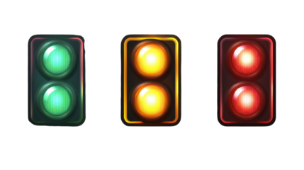 Traffic Signals: A set of three traffic signals, showcasing the universal color code of red, yellow, and green, signaling directions. 