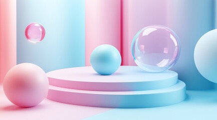 Abstract Sphere Scene with Cylinders and Platform in Pastel Colors