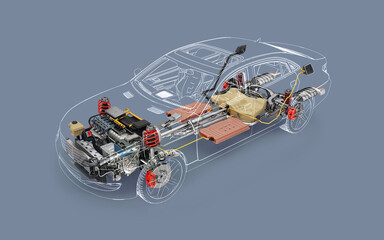 Hybrid Vehicle system cutaway illustration.