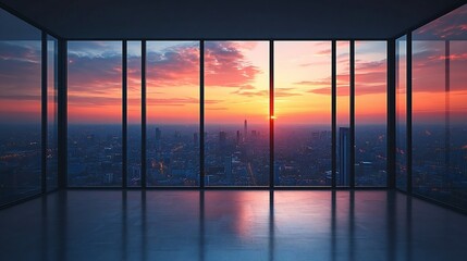 Fototapeta premium A modern office interior overlooking a city at sunset