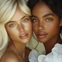 Elegantes Portr&auml;t zweier Models mit unterschiedlicher Hautfarbe in zeitgen&ouml;ssischer Fotografie