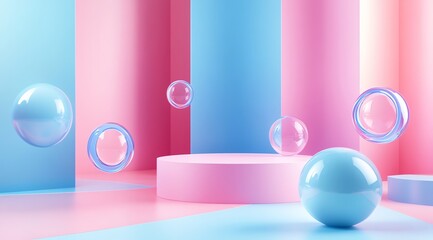 Pastel Geometric Scene with Spheres and Podium for Product Display