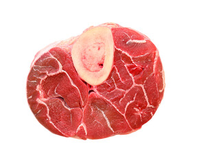 Fresh beef shank with bone, raw meat isolated on white background, clipping path, top view, PNG
