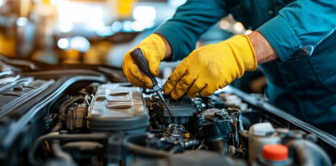 A service station mechanic is troubleshooting a car engine, highlighting skills in automotive repairs and engine maintenance