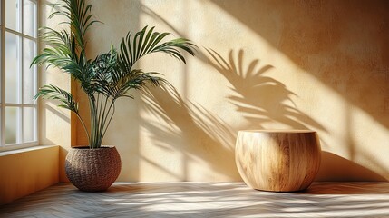 A serene and stylish atmosphere is created as sunlight illuminates a wooden stool in a minimalist kitchen, casting a palm leaf shadow on the wall.