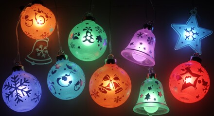 Colorful LED Christmas String Lights with Balls Bells Star Festive Decorations