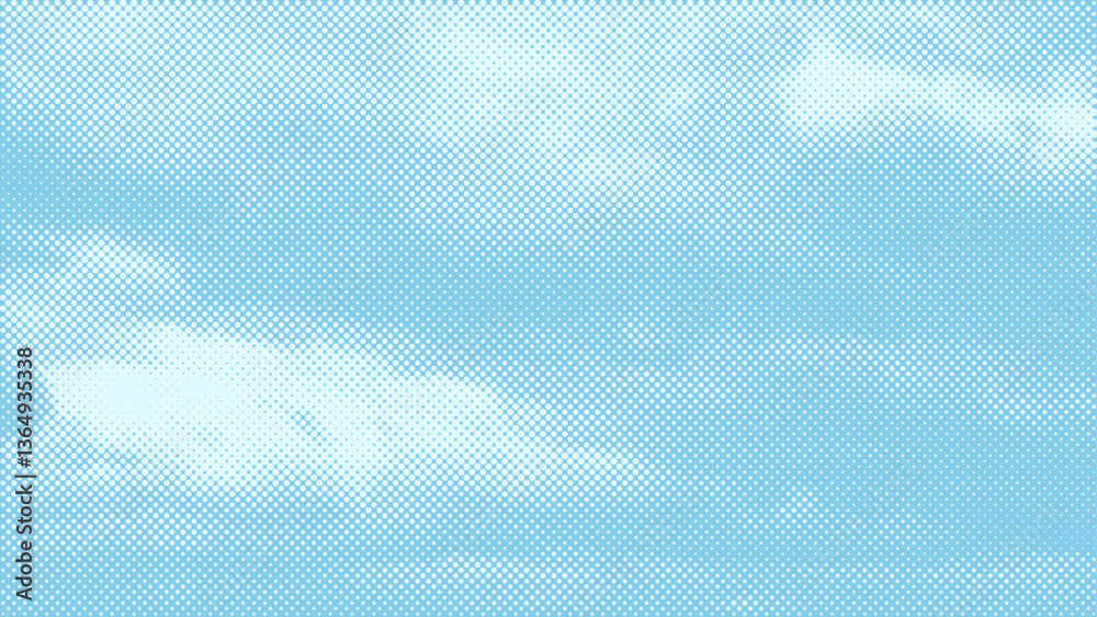 Poster blue halftone gradient pattern. retro comic book background with white clouds against blue sky. abst
