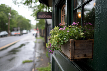 Fototapeta premium Planting flowers in a window box during a rainy afternoon in a cozy neighborhood