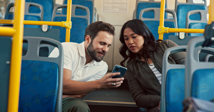 Talking, commute or people on bus with phone, help and asking for location, urban journey or route. Travel, morning and man in transport with mobile app, internet and address for directions on map