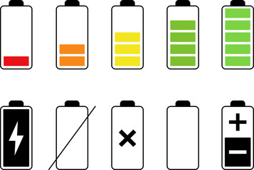 Battery life icon set, battery charge indicator. Battery charge level indicator. Charge battery Icon Set. Battery Charging And Power Level Symbol Collection. Isolated Vector Illustration
