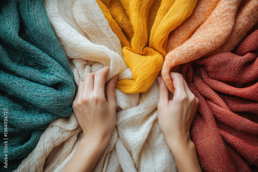 Poster soft, textured knit fabrics in autumnal colors arranged in a circular pattern.